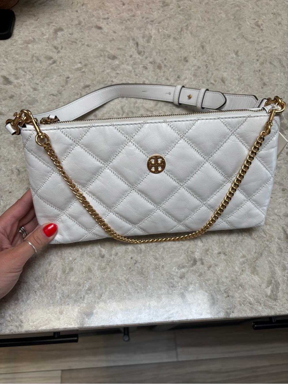 Tory Burch Quilted White Leather Crossbody with Gold Chain Willa